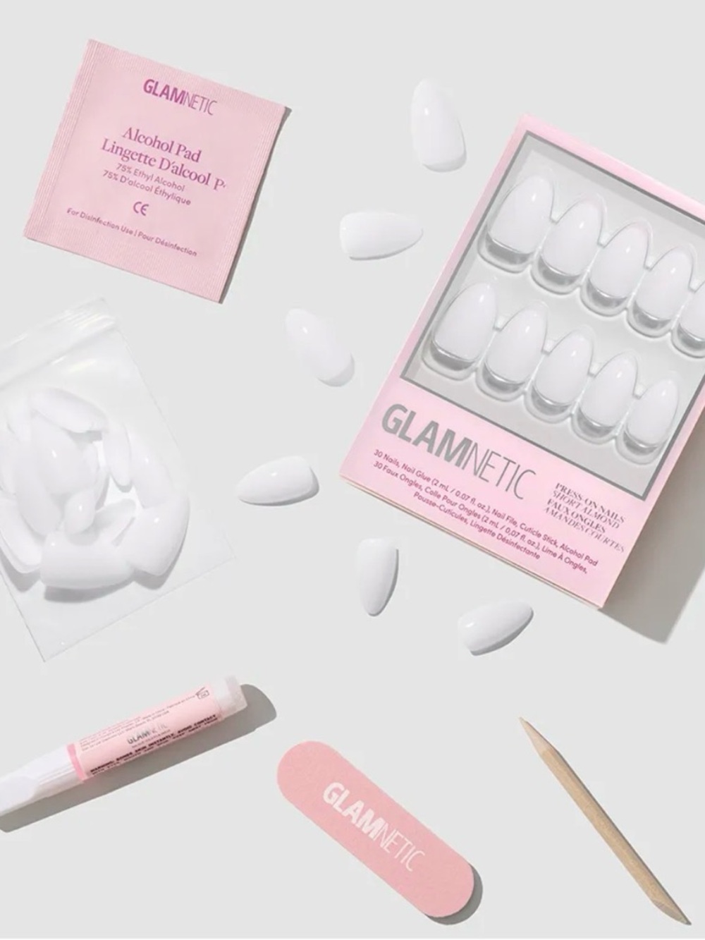 GLAMNETIC White Press-On Nails Set - Glossy White Almond Tips